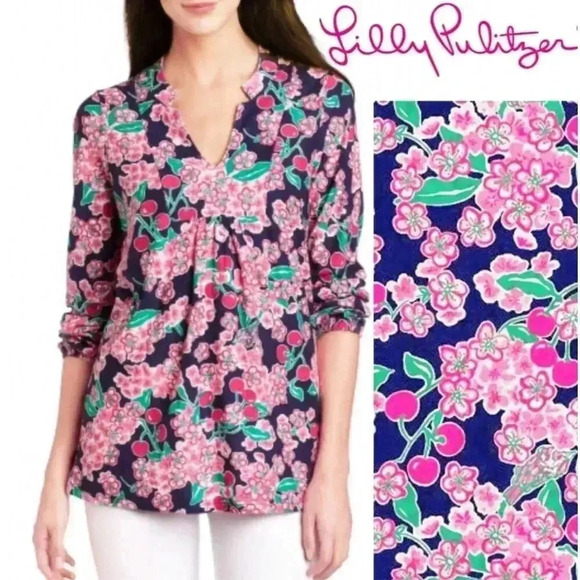 Lilly Pulitzer Cherry Picker  Top Navy Pink xs Dopamine Boho V Neck Long Sleeve - Picture 2 of 6